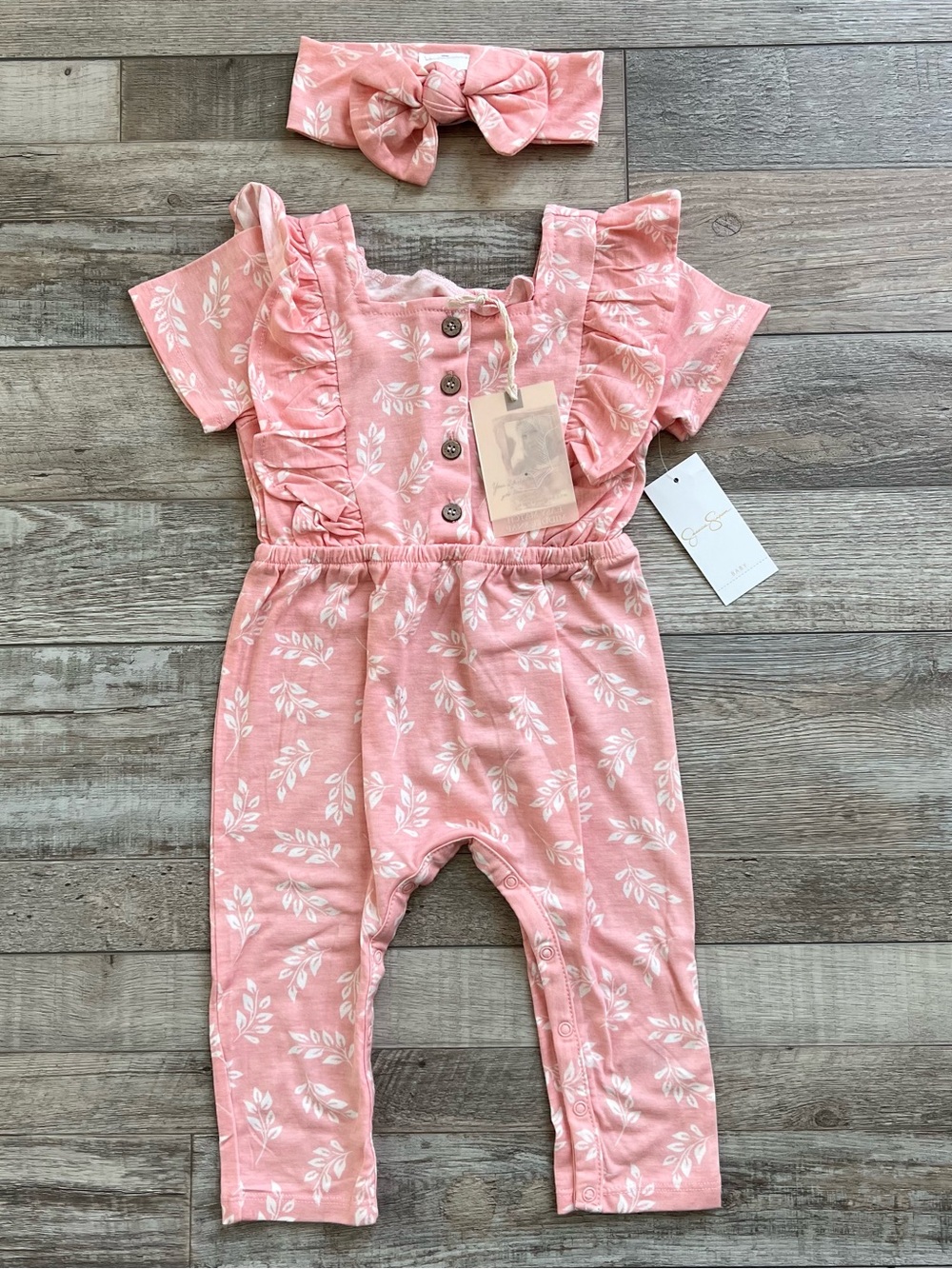 NWT Jessica Simpson Floral Coverall with Headband Set Size 12 Months